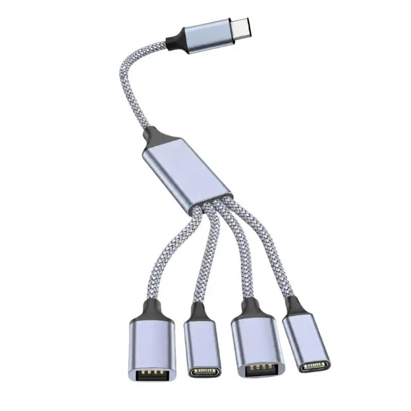 31BA USB Type C Splitter Cable with 4 Mixed Female Outputs for Data Transfer, 5 V Device Charging, and Textile Covering