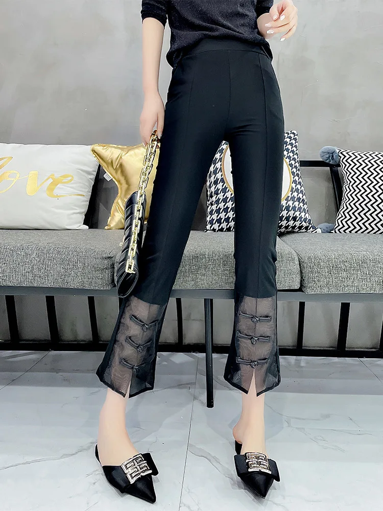 High Waist Print Slit Western Cropped Pants Lady Spring Summer Versatile Mesh  Hot Slim Trousers