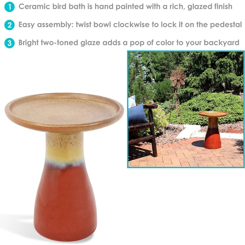 21-Inch H Ceramic Bird Bath for Outside - Hand-Painted Outdoor Bird Bath Bowl, Resistant Finish - Lemon Cognac