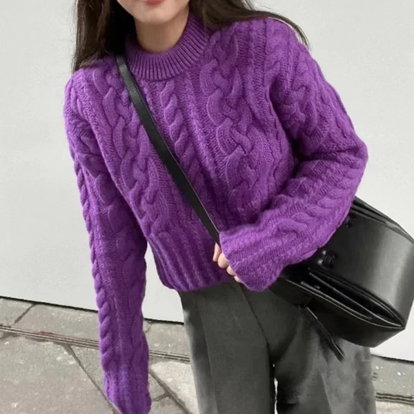 

Loose Knitted Wool Sweater Short Style British Style Long Sleeve round Neck Twist Rope Design Comfortable Fit Women's Top