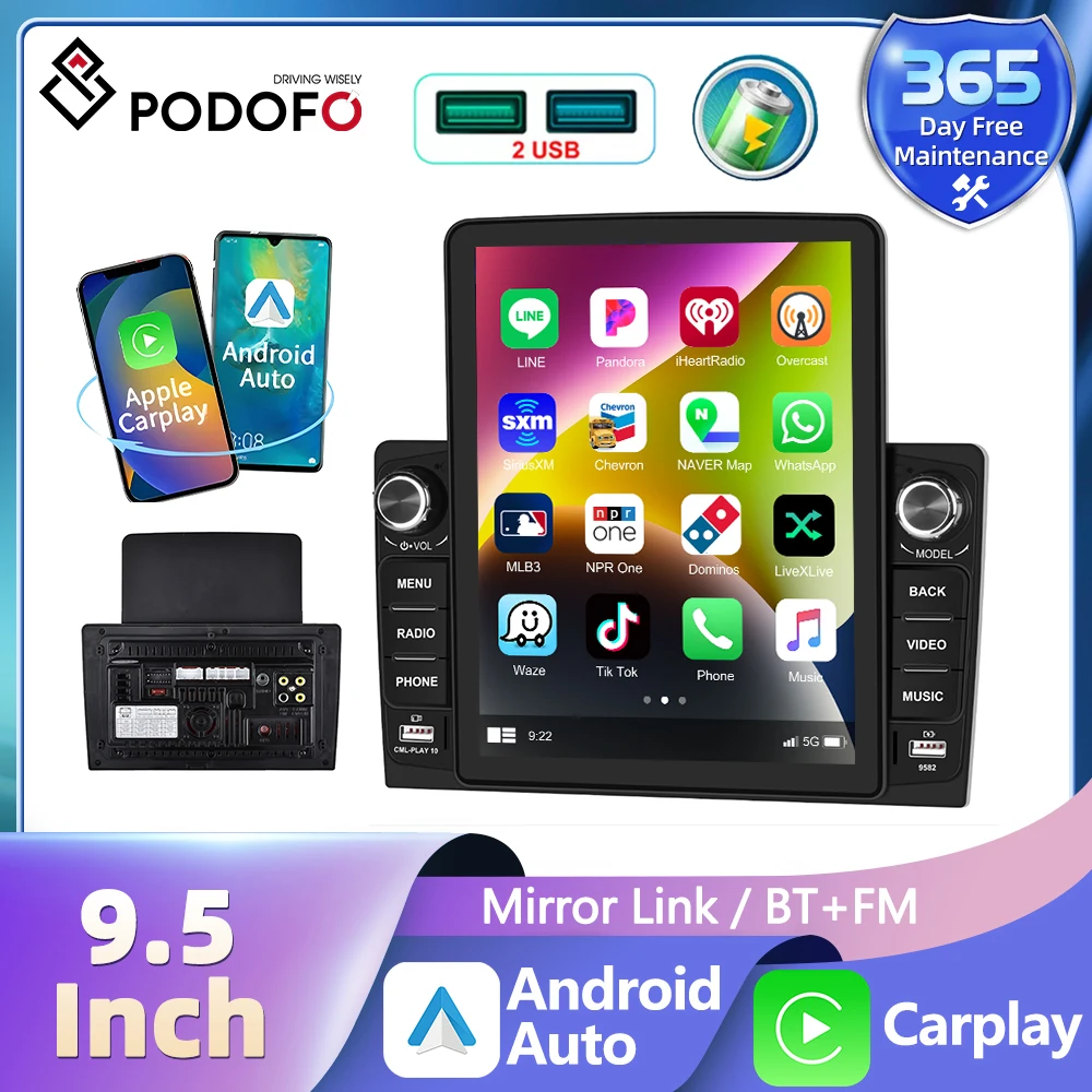 

Podofo 9.5'' Car Stereo Radio HD Capacitive Touch Screen Car Multimedia Player Carplay Android Auto BT 2Din MP5 Player