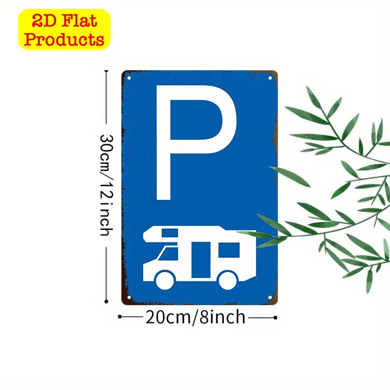 2D Flat, 2D Flat 1pc RV Parking Sign Decorative Painting, Camping Area PlateSign, Motorhome Symbol PlateSign, Blue SignAluminum