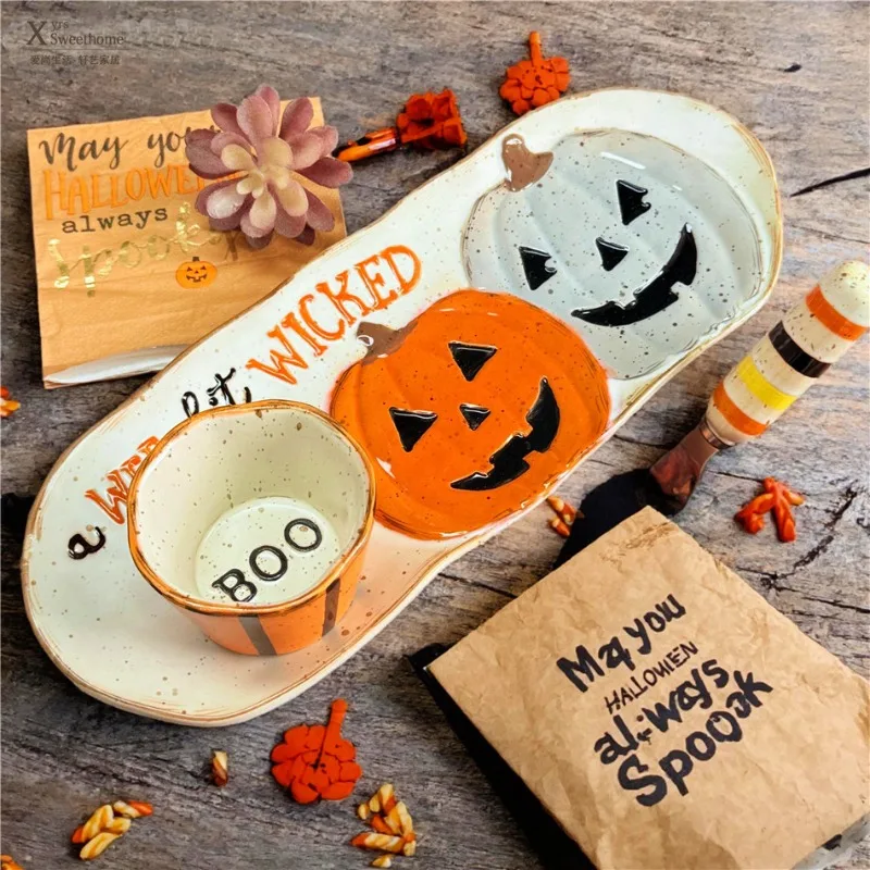 Halloween Party Tableware Party Decoration Sesame Glazed Hand-painted Pumpkin Plates, Underglaze Color Halloween Sushi Dish,