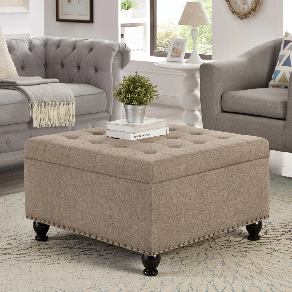 

Large square Storage Ottoman with Wooden Legs, Upholstered Button Tufted Coffee Table with Nail Trims for for Living Space,Linen