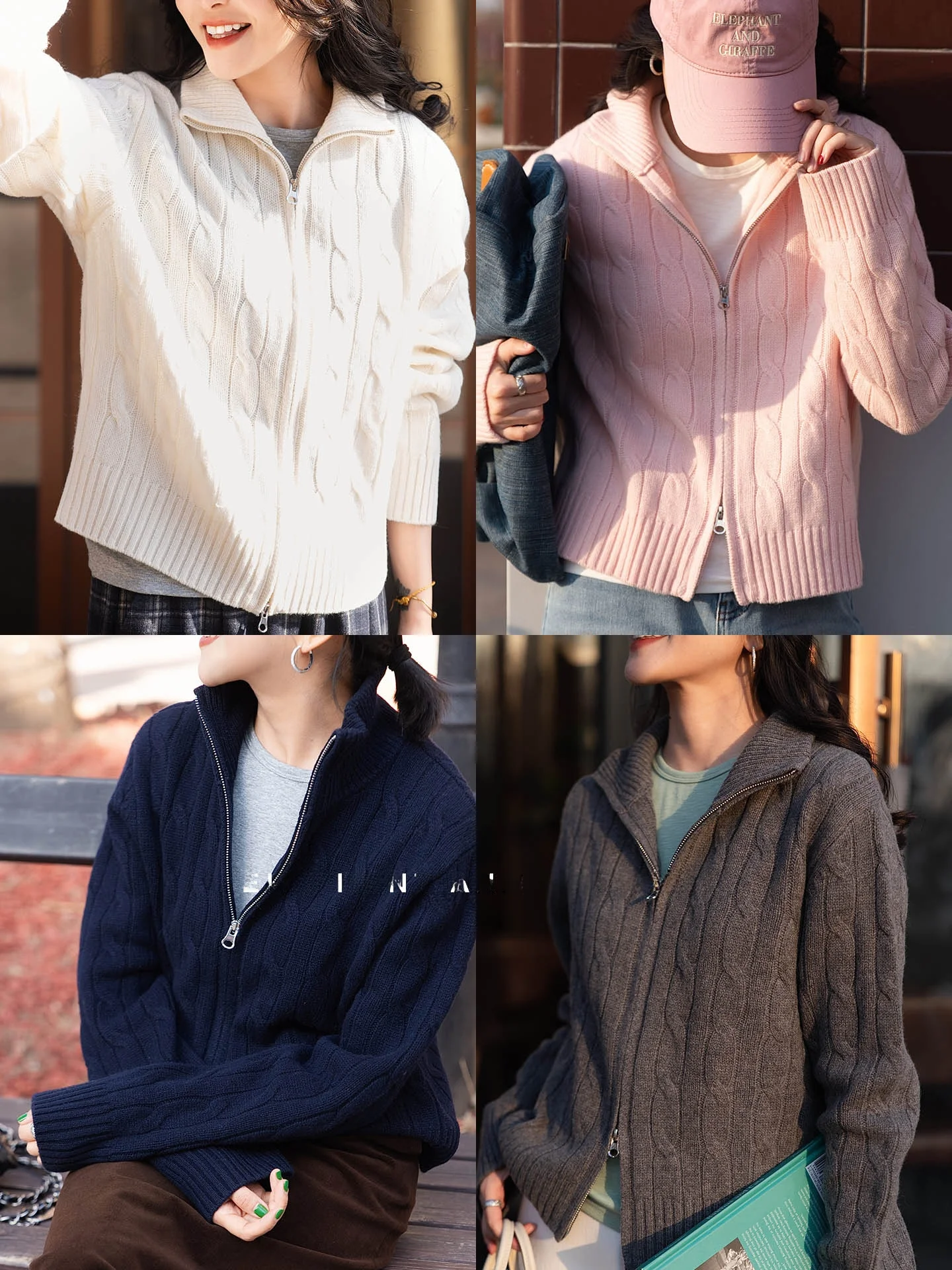 

Ele Street Sle Kangaroo Wool Zipper Cardigan Twist Long Sve Stand Collar Sweater for Women Casual Loose Fit Spring