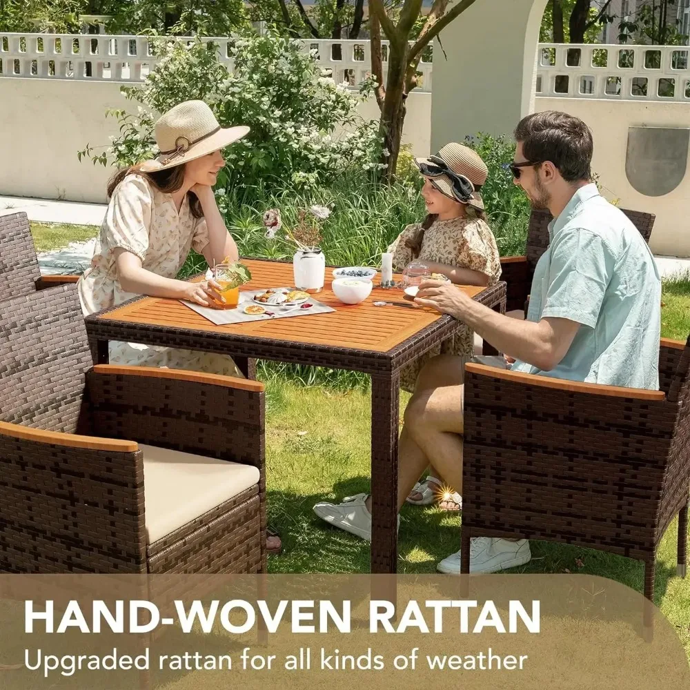 Patio Conversation Set with Acacia Wood Top, Rattan Outdoor Dining Table and Chairs for Backyard, Garden, Deck image 2