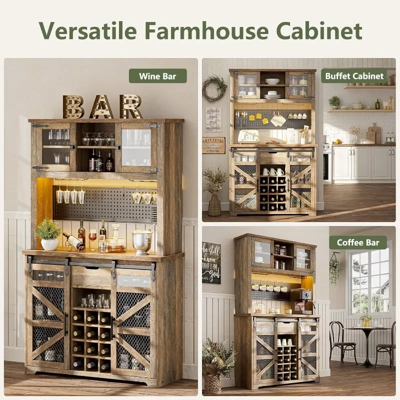 Farmhouse Coffee Bar Cabinet with Power Outlet, LED Light, Kitchen Buffet with Hutch  Storage Shelves, Wine Rack