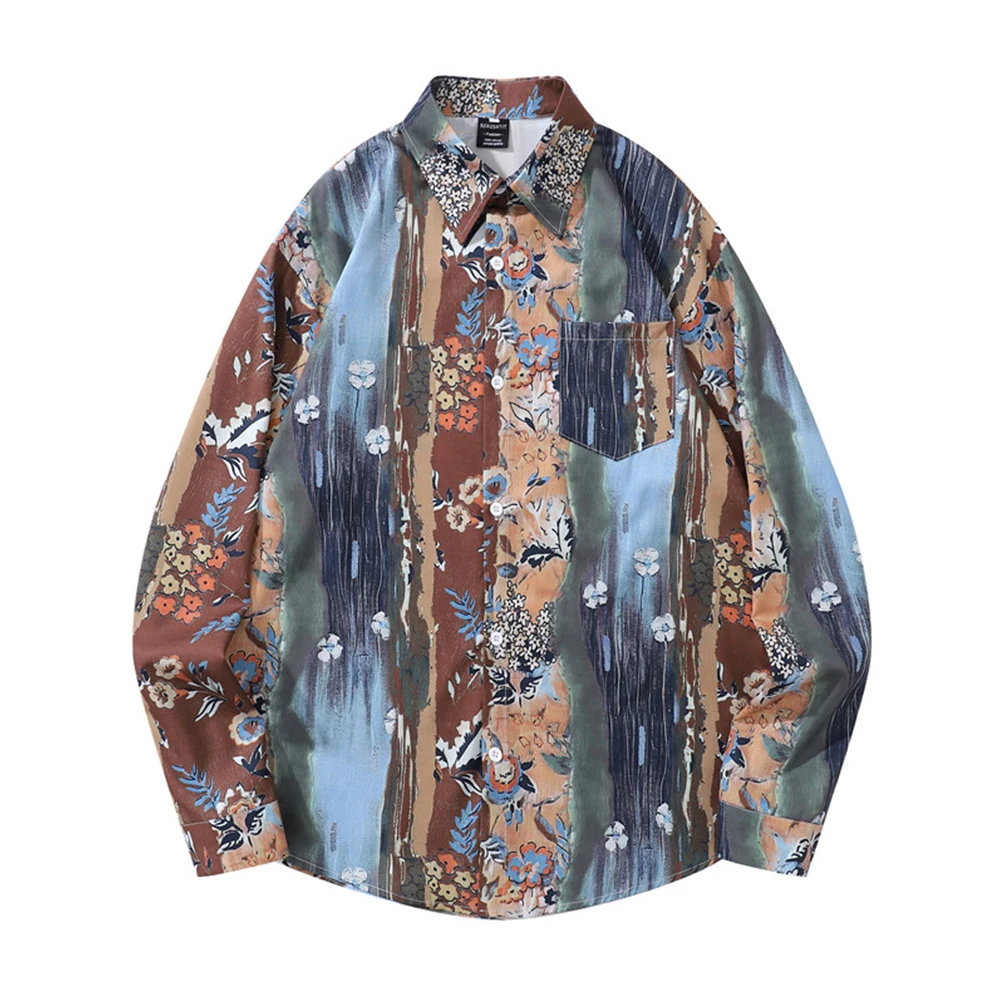 Flower Front Pocket Hawaiian Shirt Men Women Turn-down Collar Casual Men's Shirts Unisex Top