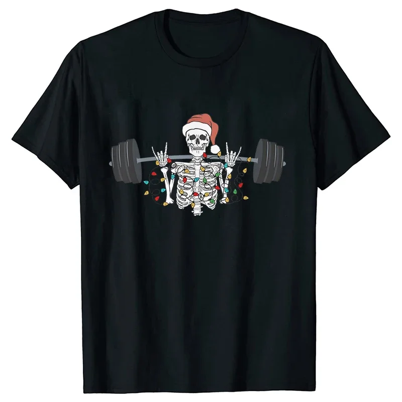 Christmas Workout T-Shirt for Men Funny Christmas Holiday Skeleton Graphic Tops Lift Heavy Streetwear Gym Lover Short Sleeve Tee