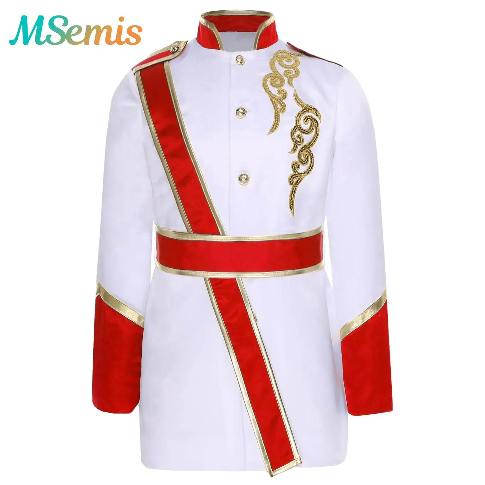 

Boys Drummer Marching Band Jacket with Press Buttons Waistbelt Prince Costume Sequins Front Buttons Outwear Guard Cosplay Set