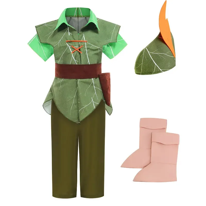 

Child Peter Pan Costume With Hat Boys Halloween Fancy Party Dress Up Elf Outfits