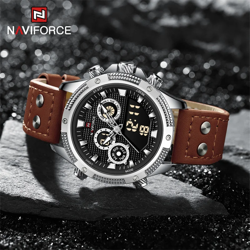 NAVIFORCE Men Sport Wristwatch Leather Strap Waterproof Quartz Watch Dual Display Digital Luminous Male Clock Relogio Masculino