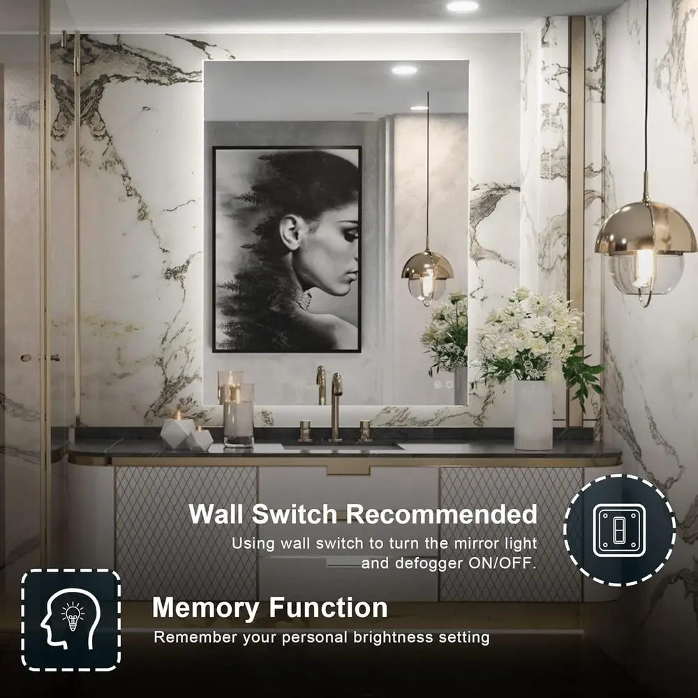 Miroir de courtoisie rétroéclairé 36 x 28 LED, éclairage tricolore, antibuée, variable, mural