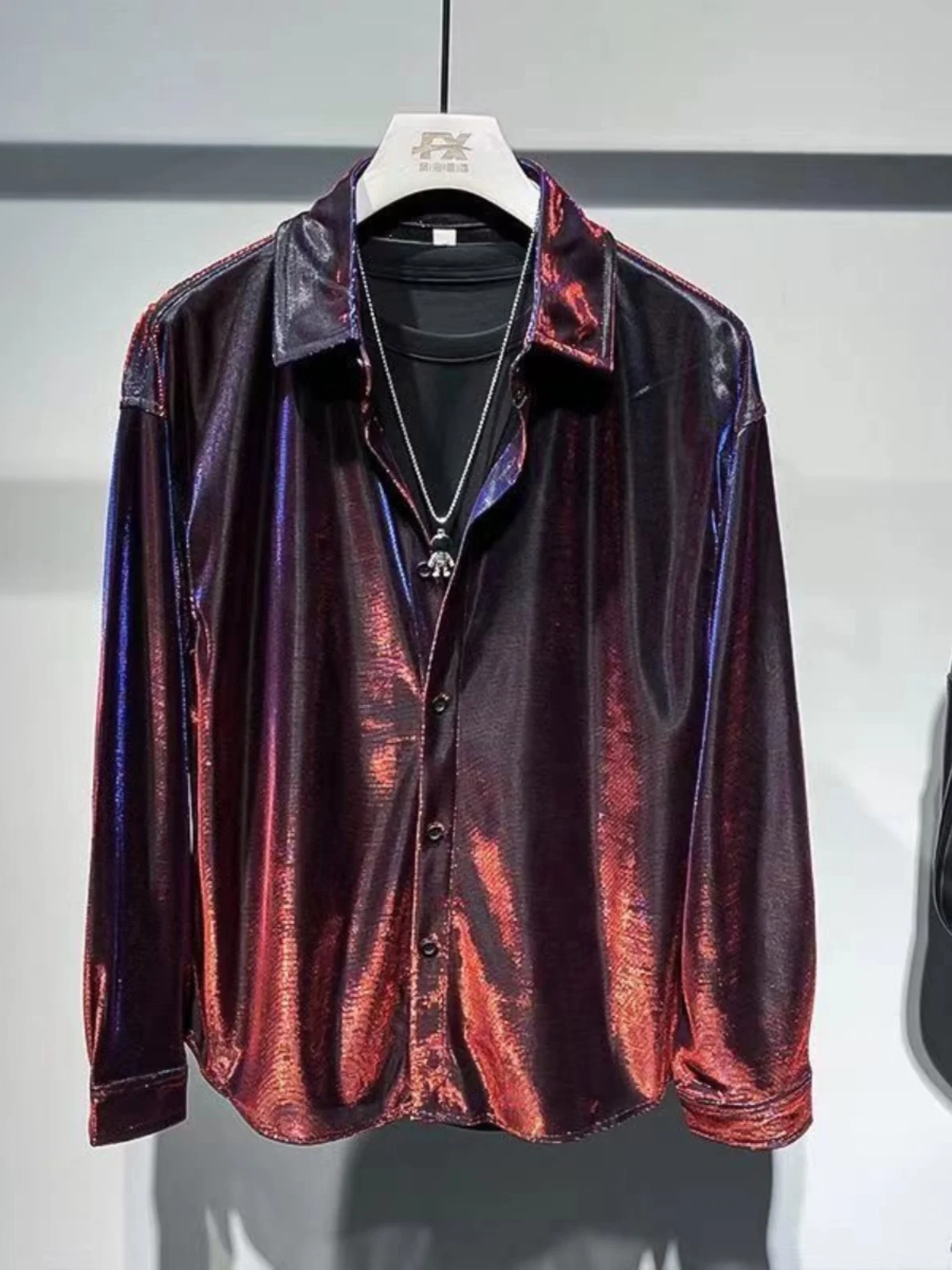 Fashionable Liquid Multicolor Long Sleeve Men's Shirt Urban Style Ice Sensation Dance Club Atmosphere Standard Fit Bright Thread