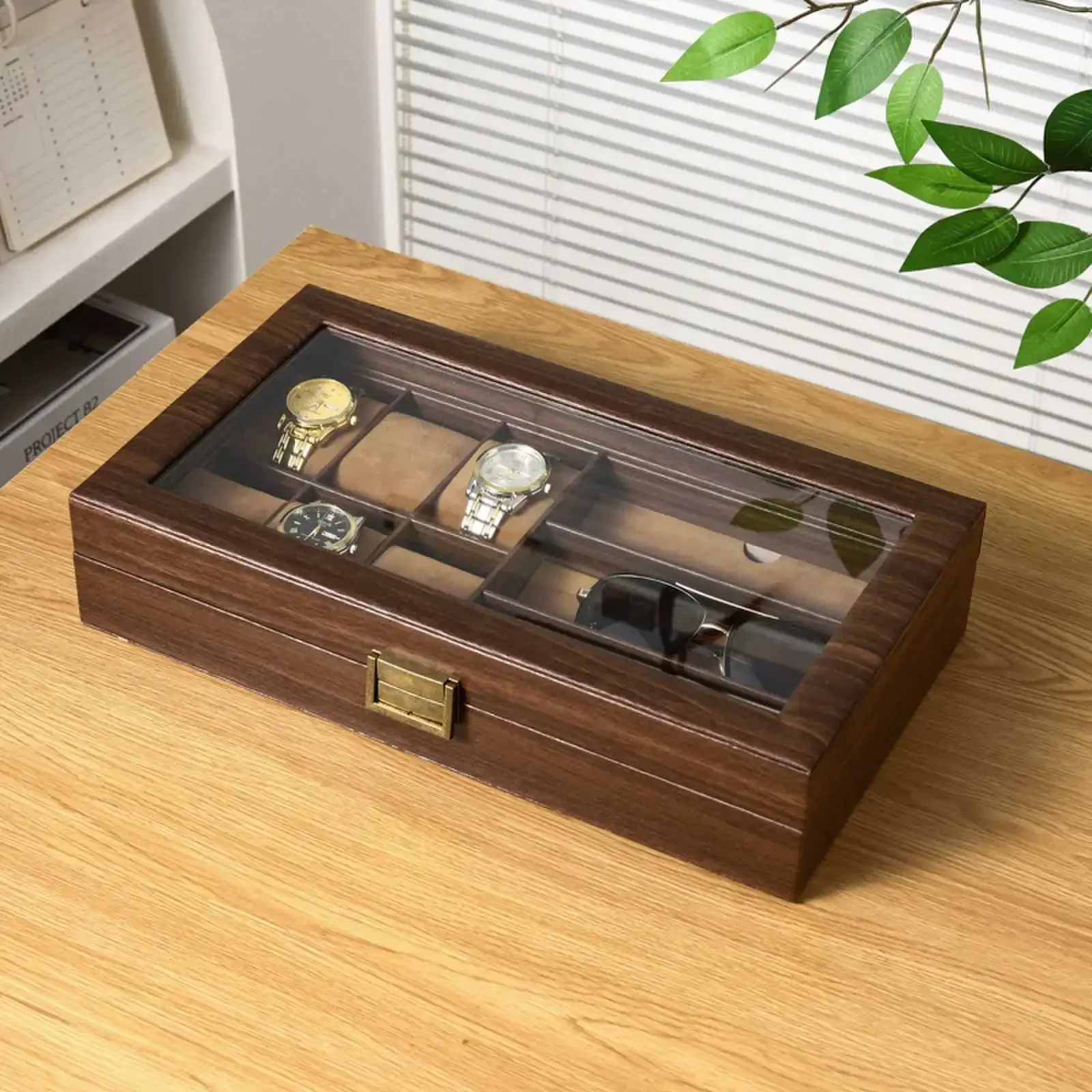 High-end retro wood grain leather soft pillow watch box  watch jewelry integrated storage box double-layer watch collection