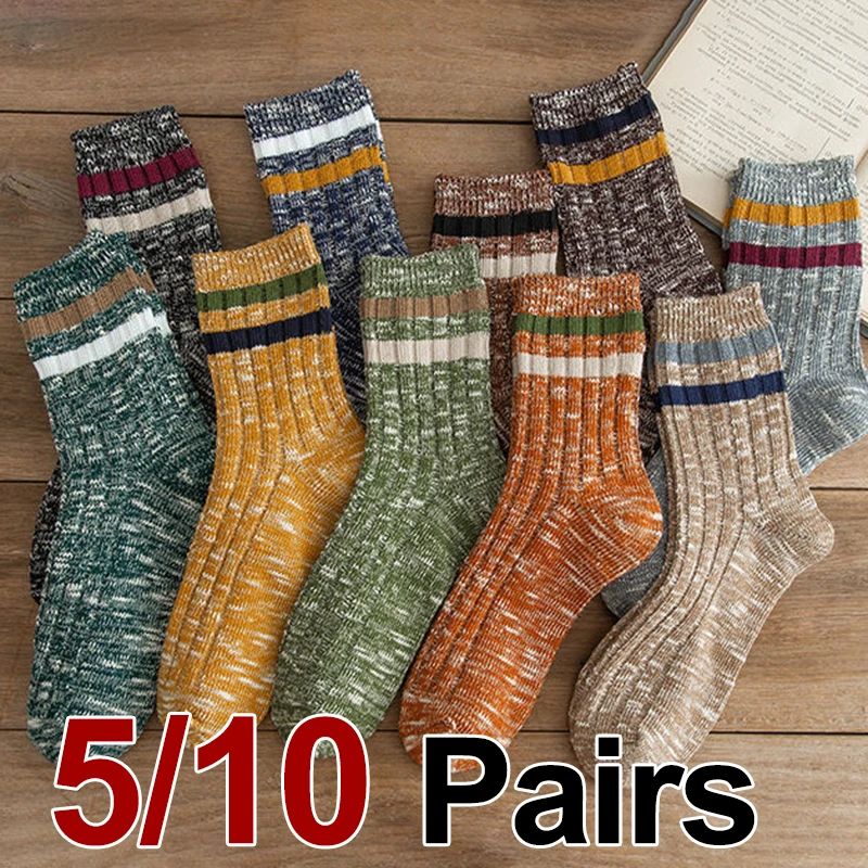 5/10 Pairs Men Women Spring Autumn Striped Mid Tube Socks Soft Comfortable Fashionable Retro Ethnic Style Sports Leisure Socks