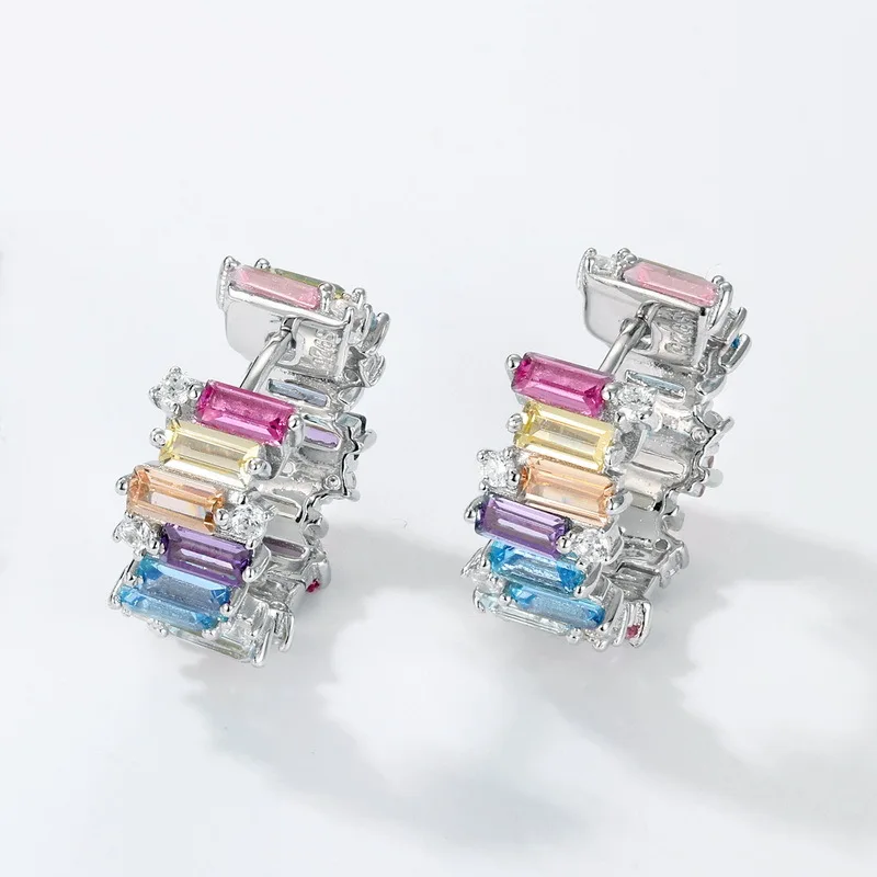 New S925 Silver Rainbow Round Zircon Earrings Women Full Inlaid ZirconiumRainbow Sterling Ear Studs 925