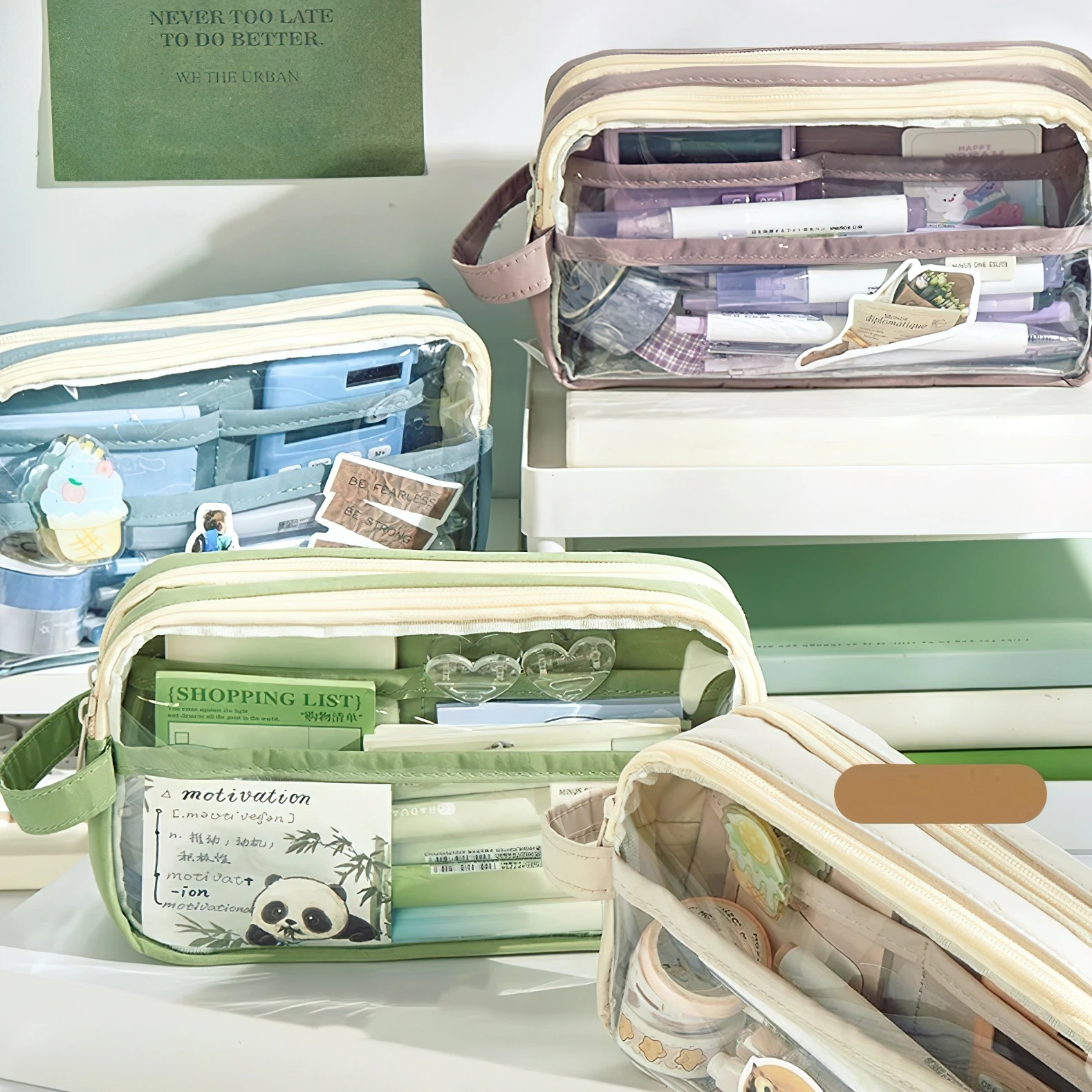 

Handheld Double Layer Transparent Pencil Case Pen Bag Hitting Color Square Storage Pouch for Stationery School A7473