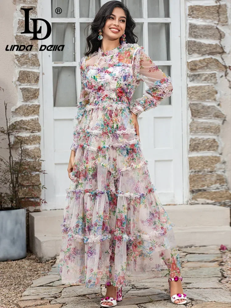 LD LINDA DELLA Summer Fashion Designer Dress Women's Long Sleeve Floral Print Ruffles Elegant Mesh Long Vacation Dress