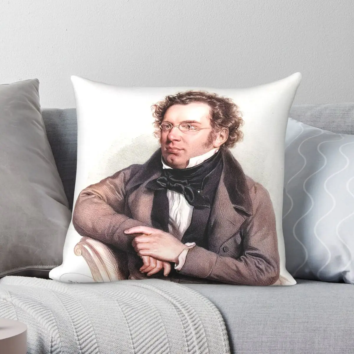 Franz Schubert Composer Housse de coussin carrée en polyester, lin et velours, imprimée avec fermeture éclair, housse de coussin décorative pour voiture