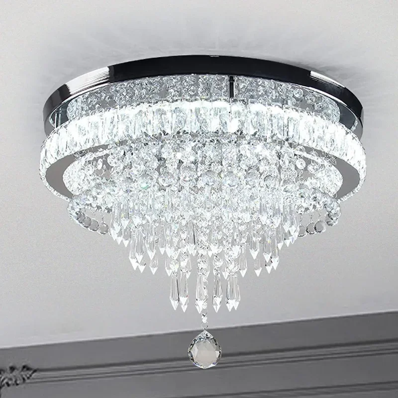 Modern Round Crystal Ceiling Lamp Atmospheric Bedroom Dining Room Hotel Living Room Household Stainless Steel Ceiling Lamp