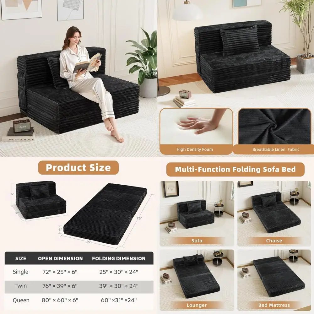 أريكة سرير متعددة الوظائف قابلة للطي بمقعد 1-4 مع وسادة، مرتبة إسفنجية، وتخزين #1