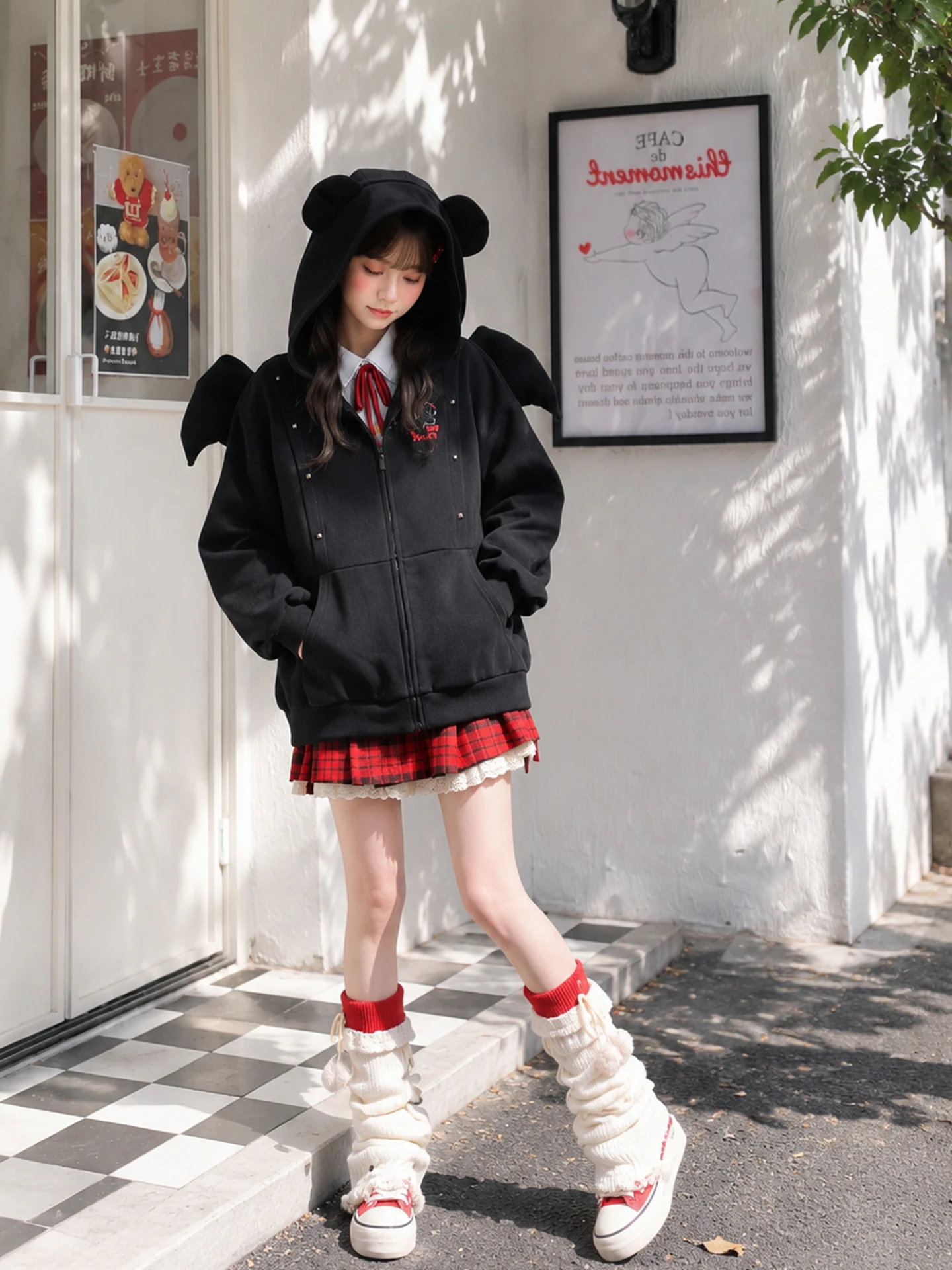 Devil Wings Detachable Jacket Women's Loose Fit Hooded Bear Embroidery Sweatshirt Autumn Sweet Style Cotton Polyester Blend