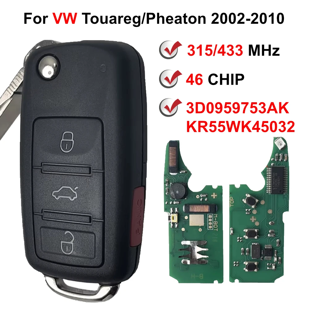 KR55WK45032 3D0959753AK 315/433 MHz 46 Chip 4 Buttons Flip Smart Car Key For VOLKSWAGEN VW Touareg Phaeton 2002 - 2010