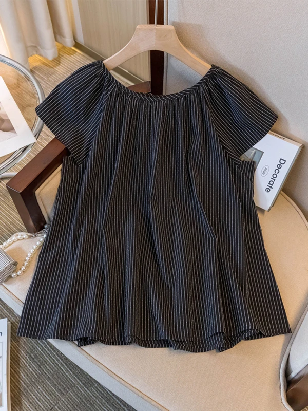 

Korean Style Retro Doll Shirt Striped Short Sleeve Women's Summer New plus Size Big MM Small Flying Sleeve Top round Neck