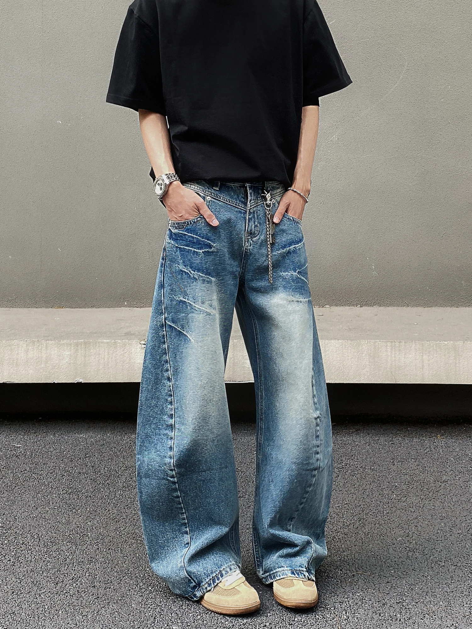 

Американские джинсы с молнией и разделенным узором в стиле ретро, мужские свободные широкие брюки с ножом, дизайн Sense