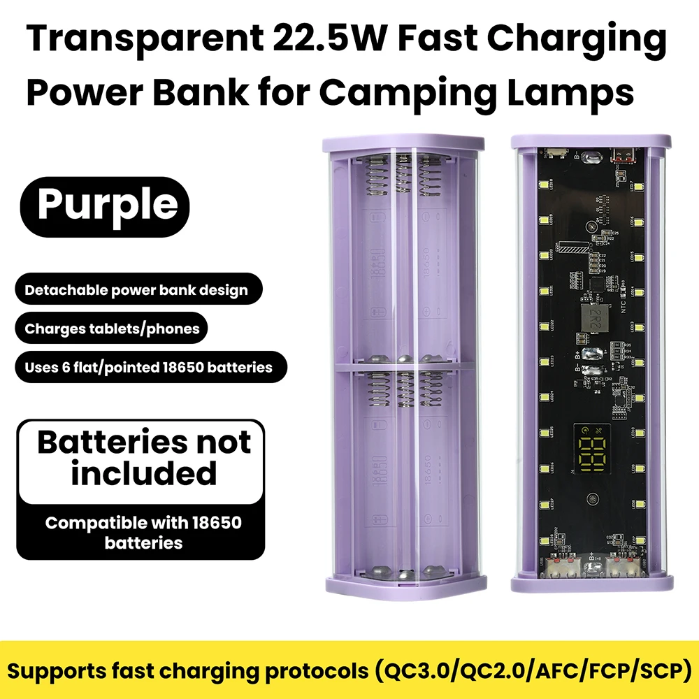 DIY 6*18650 Power Bank Case 22.5W Fast Charging Transparent Battery Storage Box Welding Free Type-C USB Port for Pad Phone