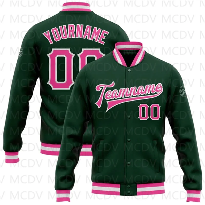 

Custom Green Pink-White Bomber Full-Snap Varsity Letterman Jacket