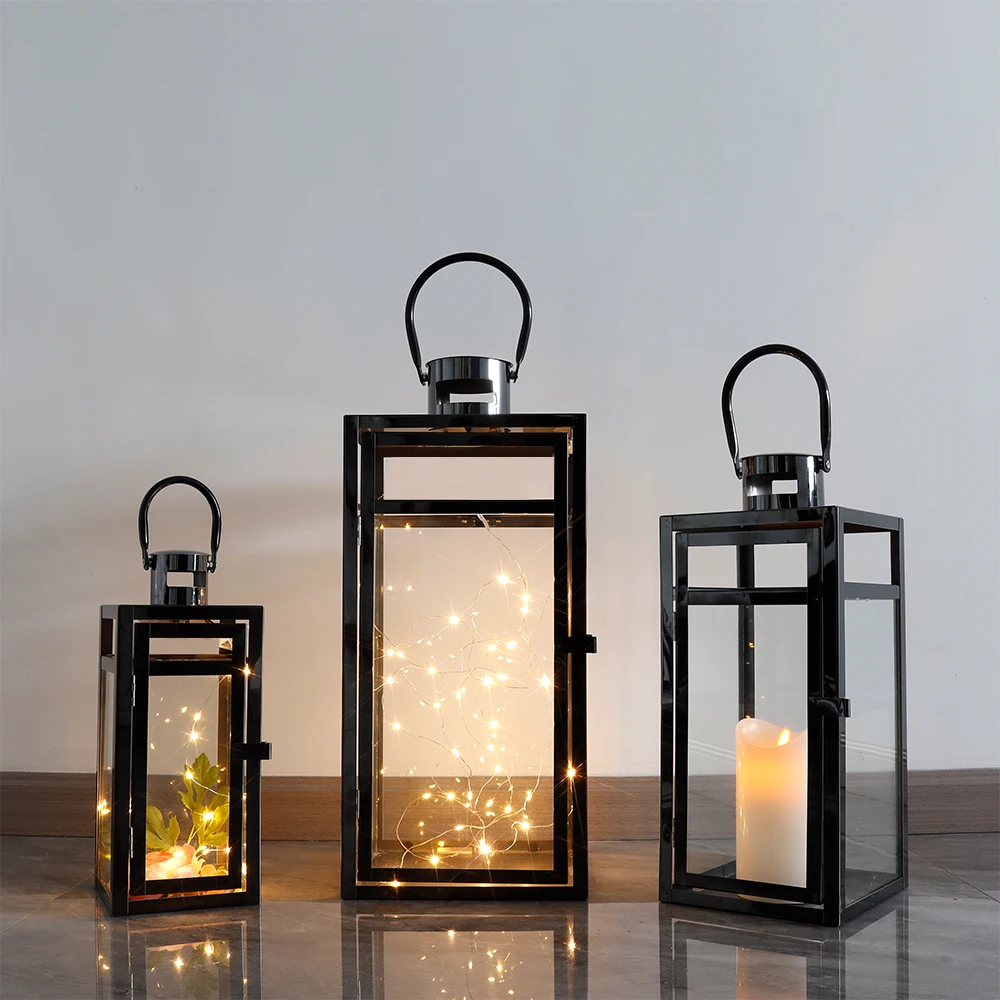 Set of 3 Modern Large Black Metal Candle Lantern Garden Hanging Metal Candle Holder Home Outdoor Empty Lanterns for Wedding
