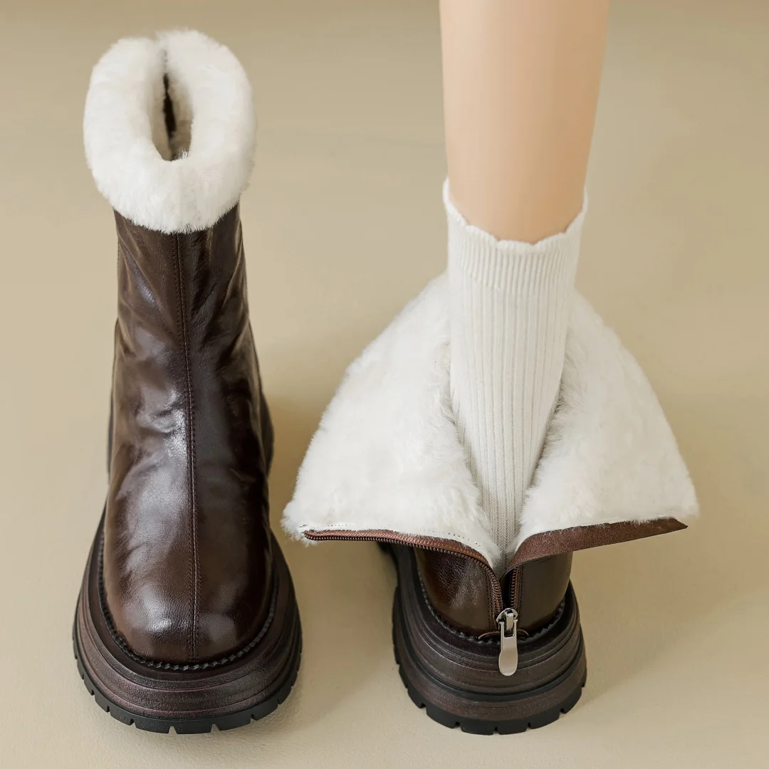 Botas de neve femininas de lã de pele de carneiro dentro do inverno tornozelo sola grossa plataforma apartamentos volta zip tempo frio botas curtas sapatos mulher