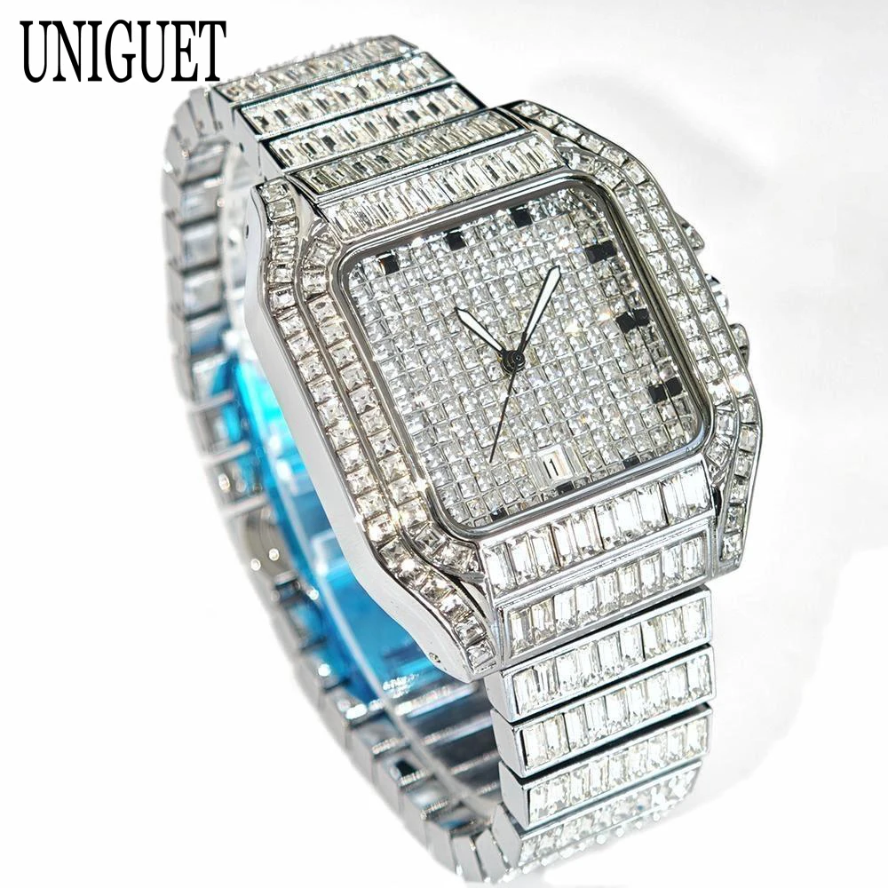 

Top Luxury Rectangular Diamond Mens Watch Fashion Hip Hop Style Bling Bling Iced Out Waterproof Male Wristwatch New Dropshipping