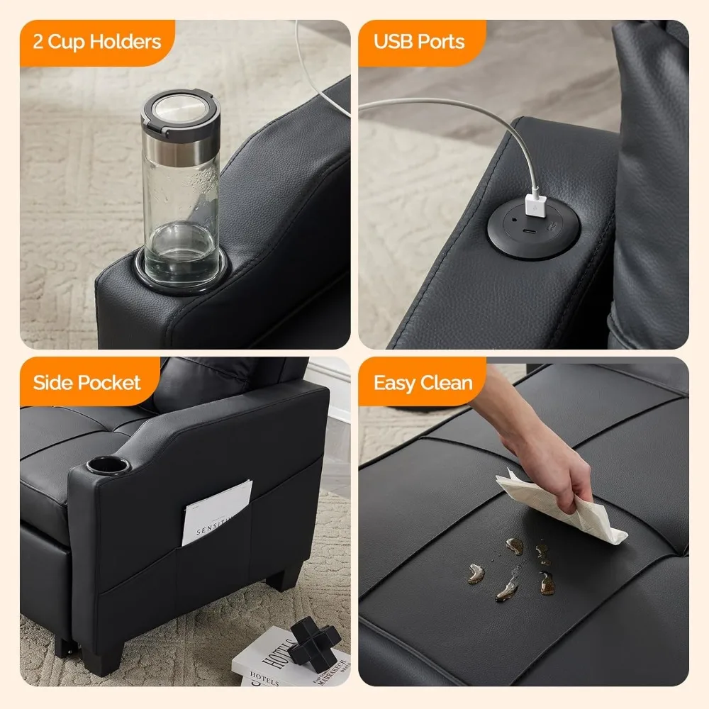 Sofá-cama conversível 3 em 1 ajustável com poltrona reclinável, sofá removível, 2 portas USB, 2 porta-copos, cadeira-cama moderna para estar
