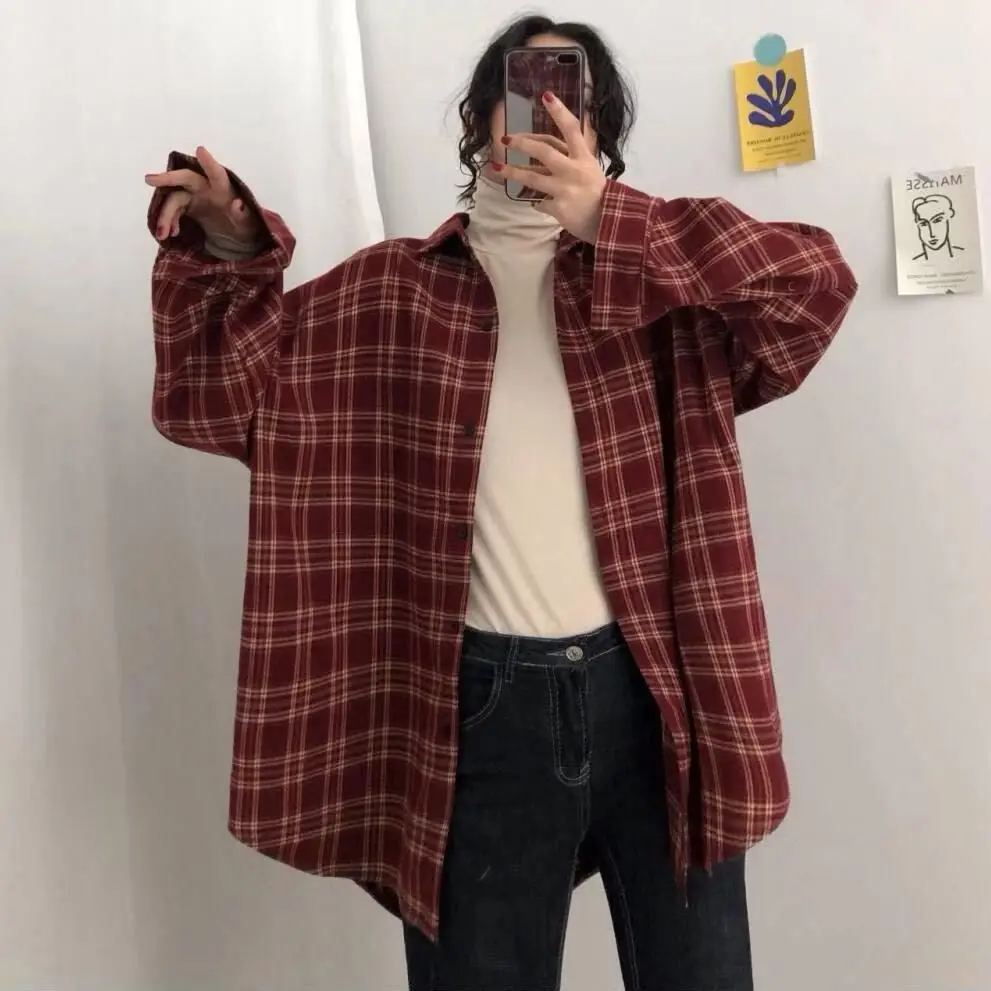 Shirts Women Long Sleeve Oversize Plaid Loose Shirt Students Vintage All-match Japanese Style Harajuku Blouses Casual Elegant