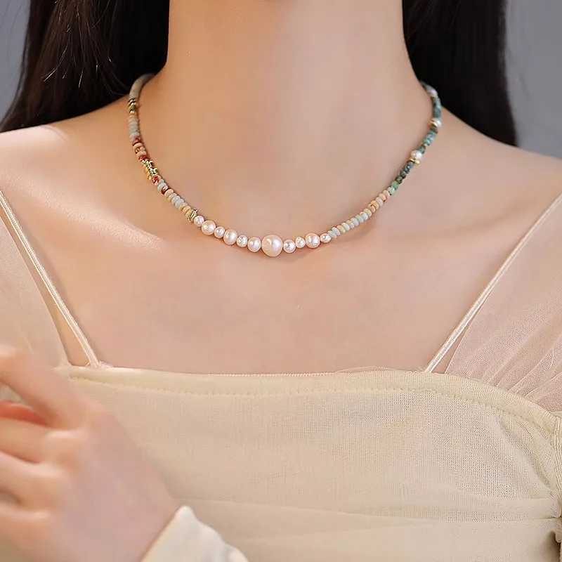 Neue Ankunft Trendy Mischfarbe Naturstein & Süßwasser Perle 14K Gold Gefüllt Damen Perlen Kette Halskette Schmuck Geschenk Kein Verblassen – Detail 5