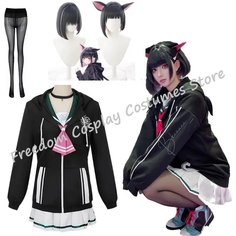 Disfraz de Cosplay de archivo azul Kyoyama Kazusa para mujer y niña, Sudadera con capucha negra, trajes de marinero, falda, peluca, traje de Carnaval de Halloween