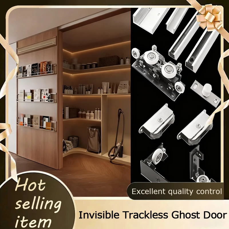 Ghost Door Hardware Invisible Rail System Bidirectional Soft Close Hanging Pulley Kit For Wooden Sliding Doors