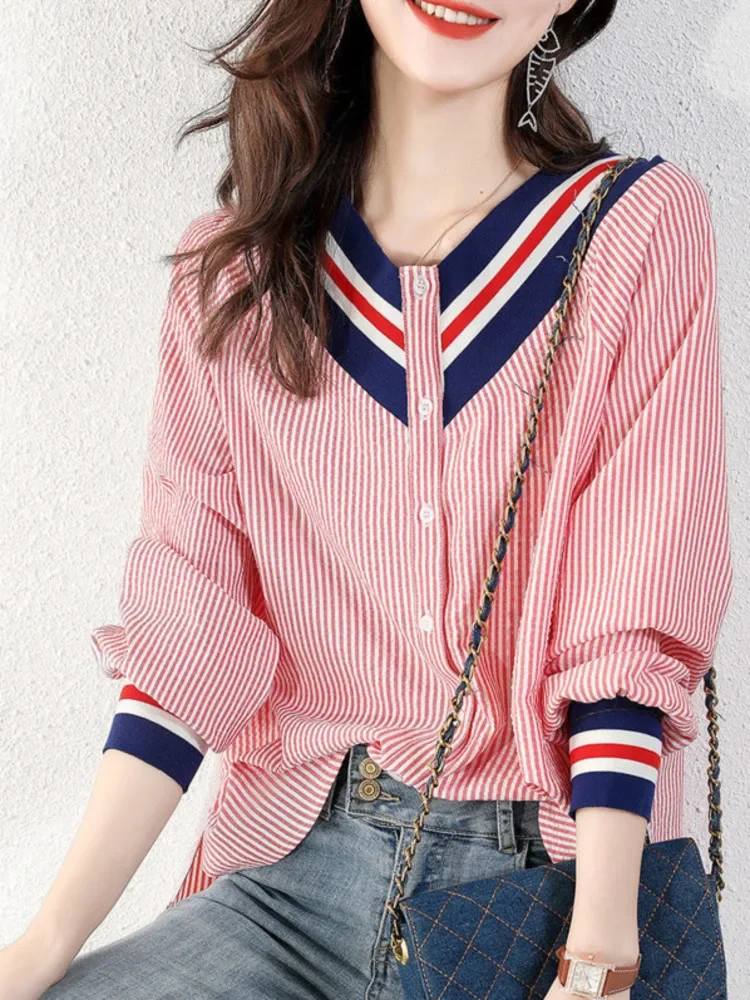 Temperament Stripe Korea Fashion College Loose Thin V-neck Shirt Women's Long Sleeve Cardigan Casual Coat Ladies Office