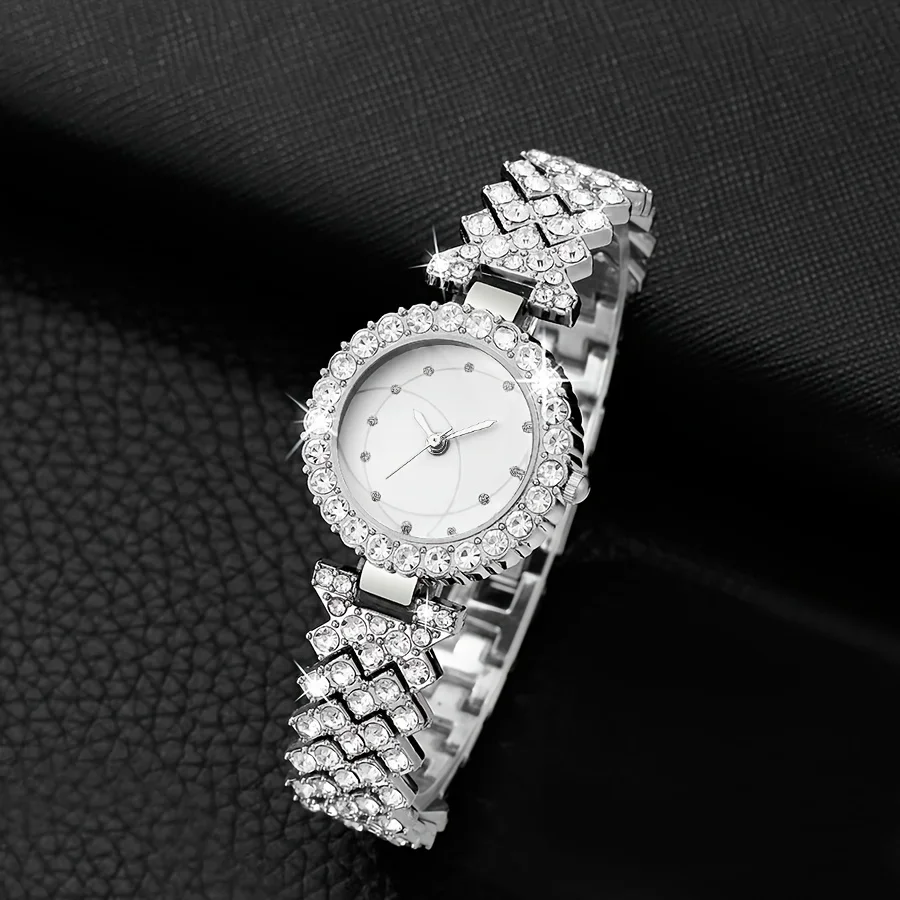 ساعة كوارتز نسائية بمؤشر مستدير ، حجر الراين اللامع ، ساعة معصم تناظرية ، طقم مجوهرات ، هدية لأمي ، لها ، 6 أو