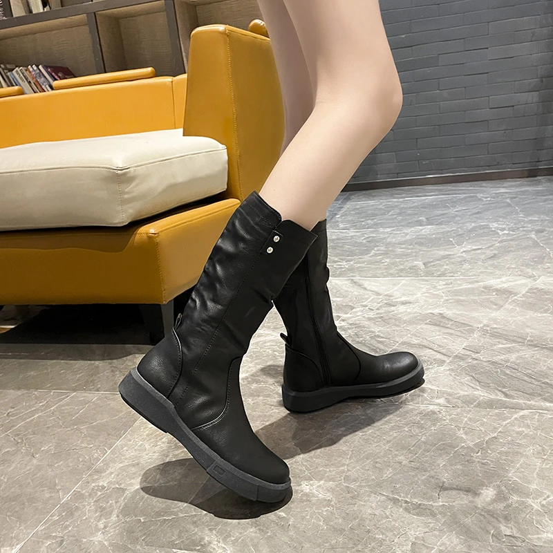 Damen Stiefeletten Damenschuhe Reiß verschluss Mittels tiefel Pu Leder lange Stiefel Schuhe Damenmode Herbst Winter Low Heel Stiefel Zapatos