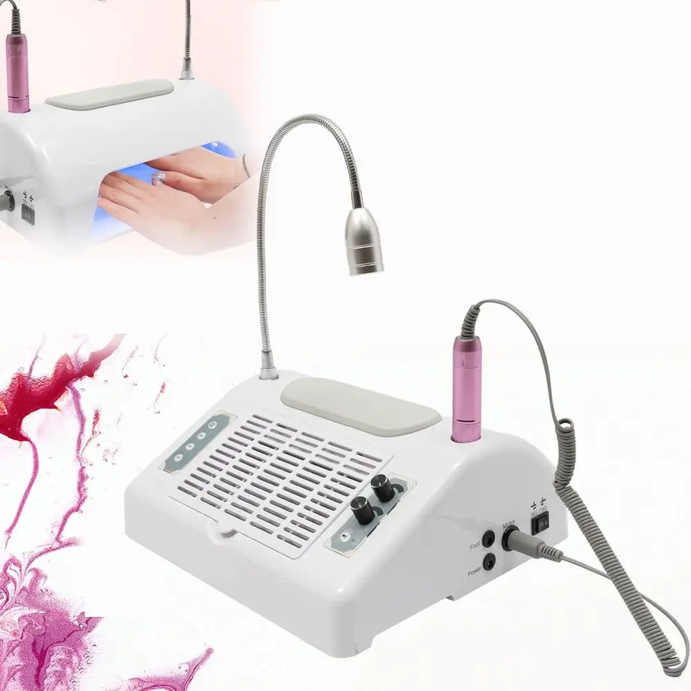 

All-in-One Nail Dust Collector Set: Nail Vacuum, Electric Drill, UV Gel Dryer, Hand Cushion, Desk Lamp for Salon & Home Use