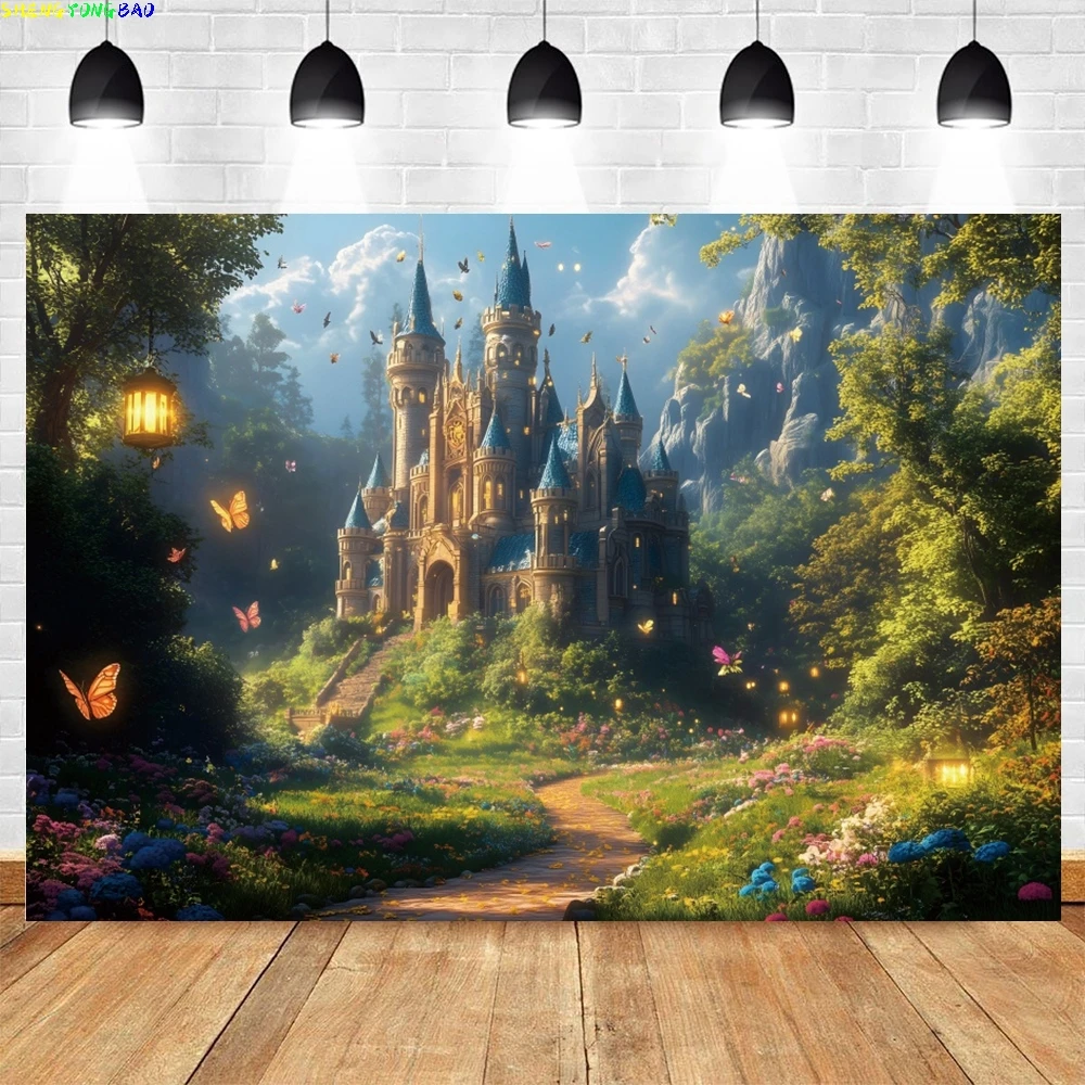 

Fantasy Fairy Tale Castle Photography Background Spring Forest Flower Photocall Backdrop Kids Art Portrait Photobooth Props