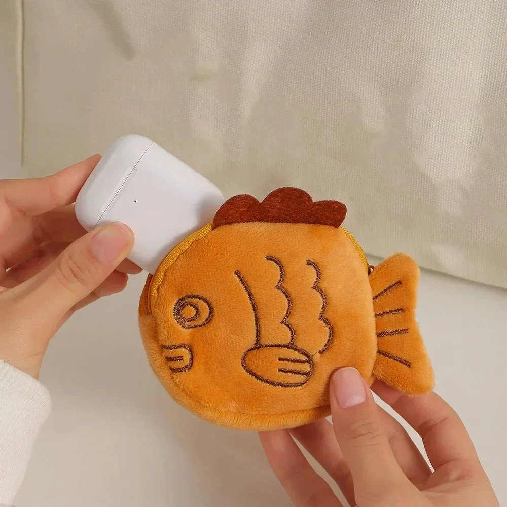 Women Cute Coin Purse Plush Taiyaki Zipper Pouch Mini Wallet Card Holder Key Earphone Case Bag Charm Keychain for Girls Kids