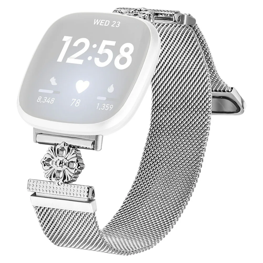 

For Fitbit Versa 3 / Sense Milanese Band Flower Stainless Steel Magnetic Mesh Watch Strap - Silver