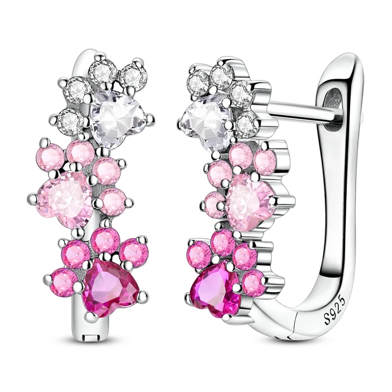 Ohrringe aus 925er-Sterlingsilber für Damen, rosa Farbverlauf, niedliche Pfote, französischer Stil, Creolen für Jahrestag, Hochzeit, Schmuck, Geschenke