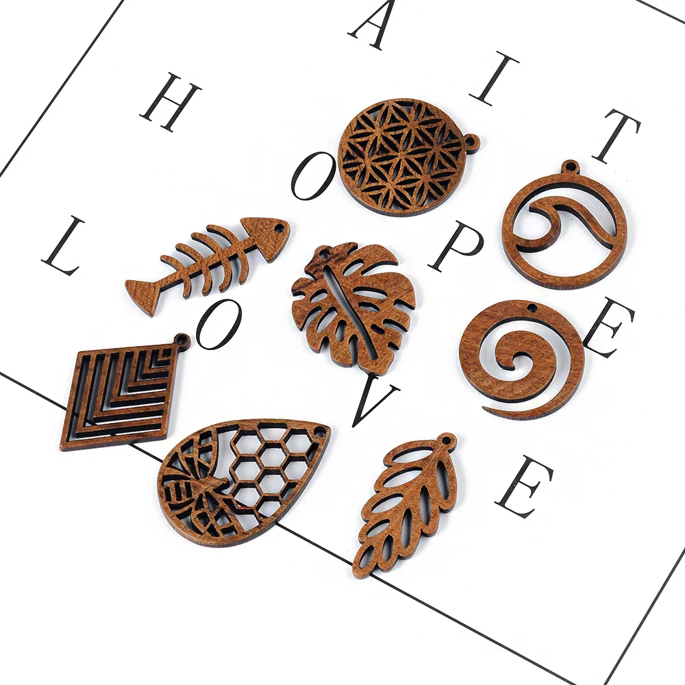 6pc/lot Fish/Flower shape Wood Pendant Resin Plate Pendants Jewelry Accessory Handmade Connector DIY Earring Component for Women