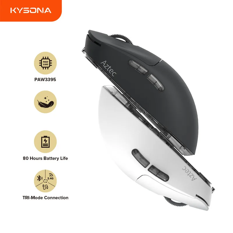 

KYSONA Aztec Bluetooth Tri Mode Беспроводная легкая игровая мышь Paw3395 Офисная мышь для киберспорта 80-часовой сверхдлительный срок службы батареи